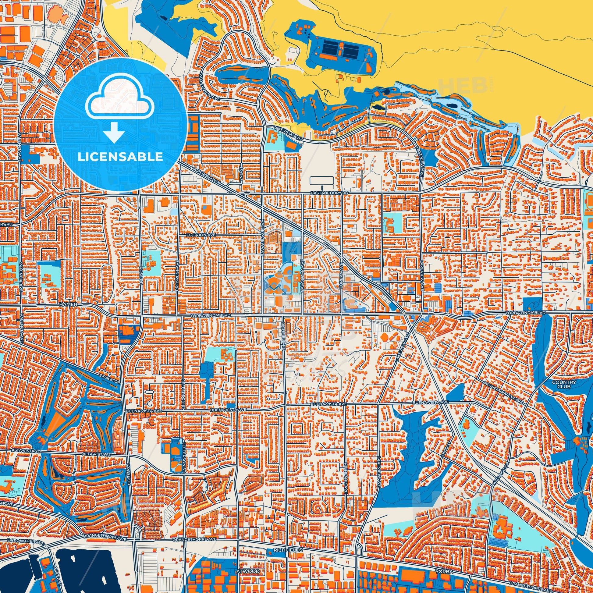Colorful Yorba Linda Street Map with Labels and Buildings
