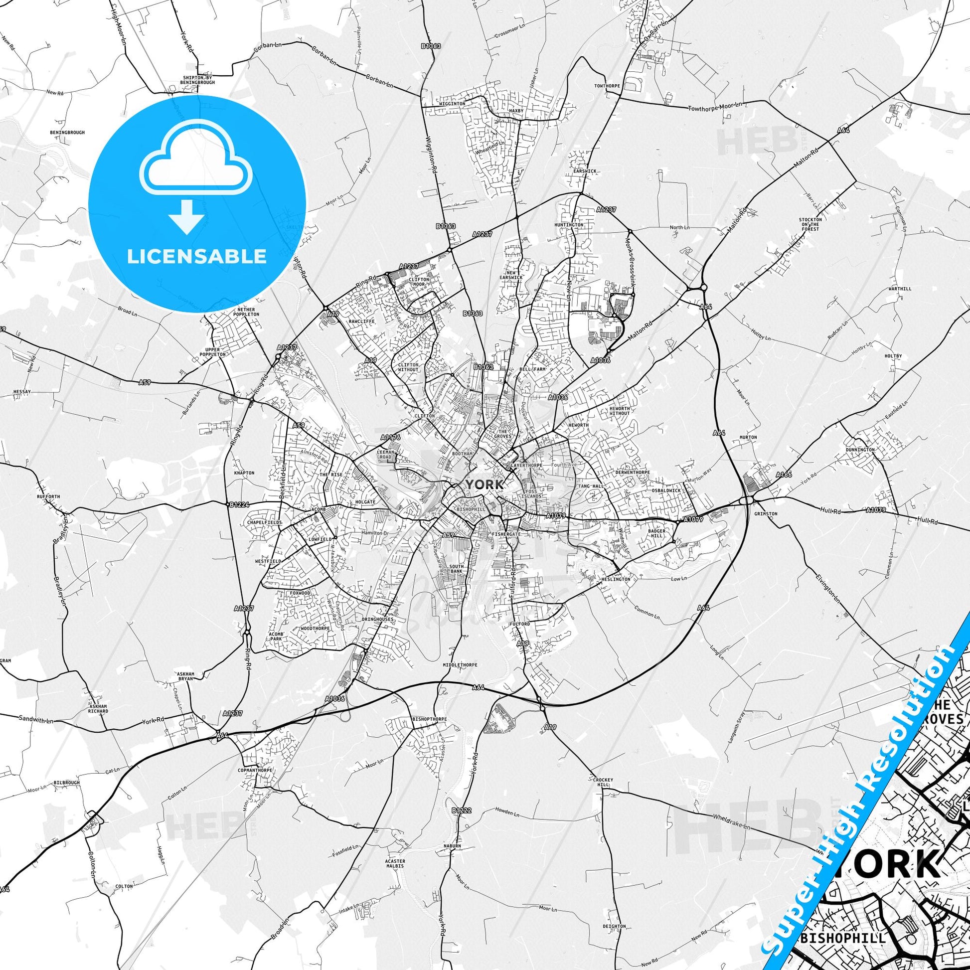 York, England light map with streetnames, citynames and districts