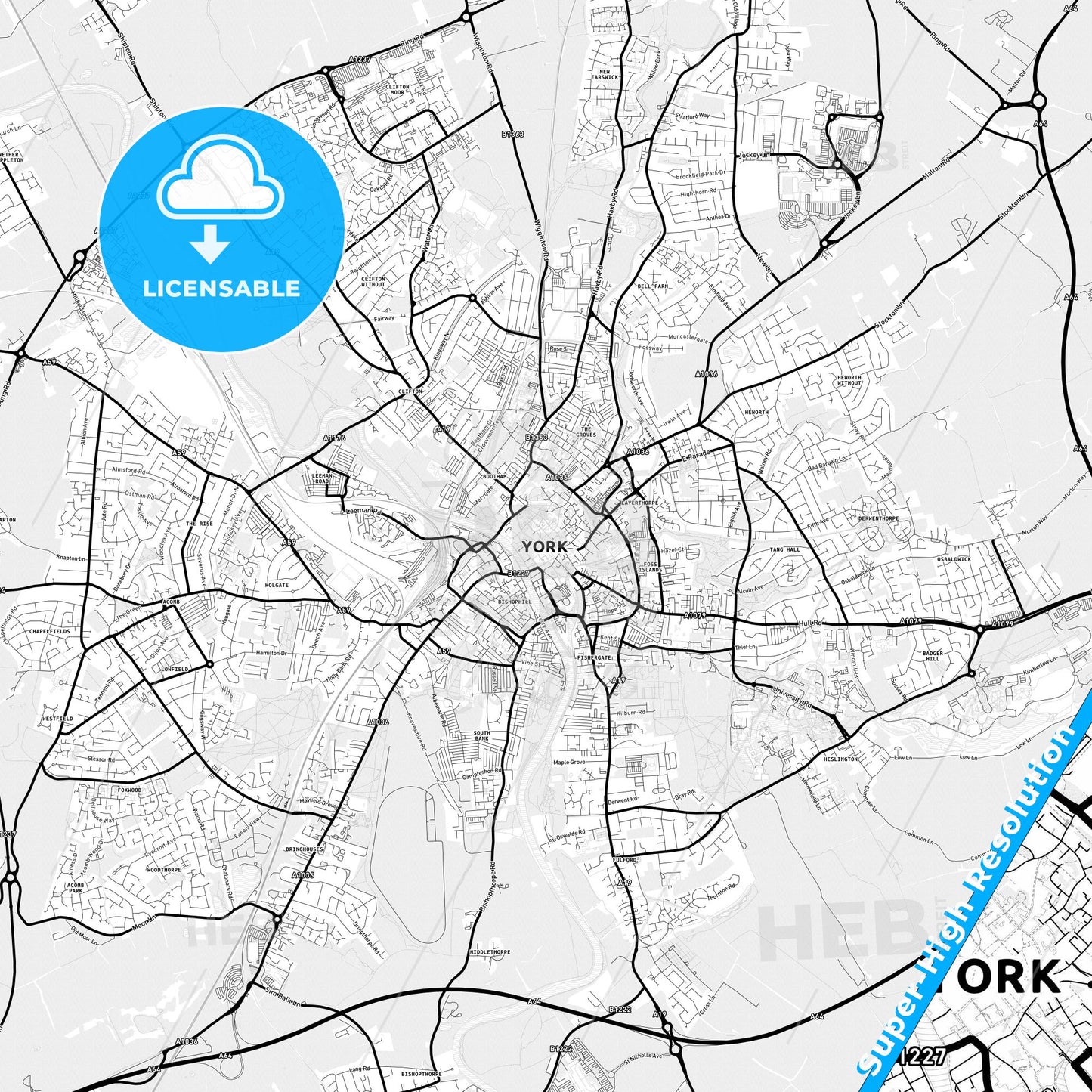York, England Light Map with Street Names, City Names, and Districts