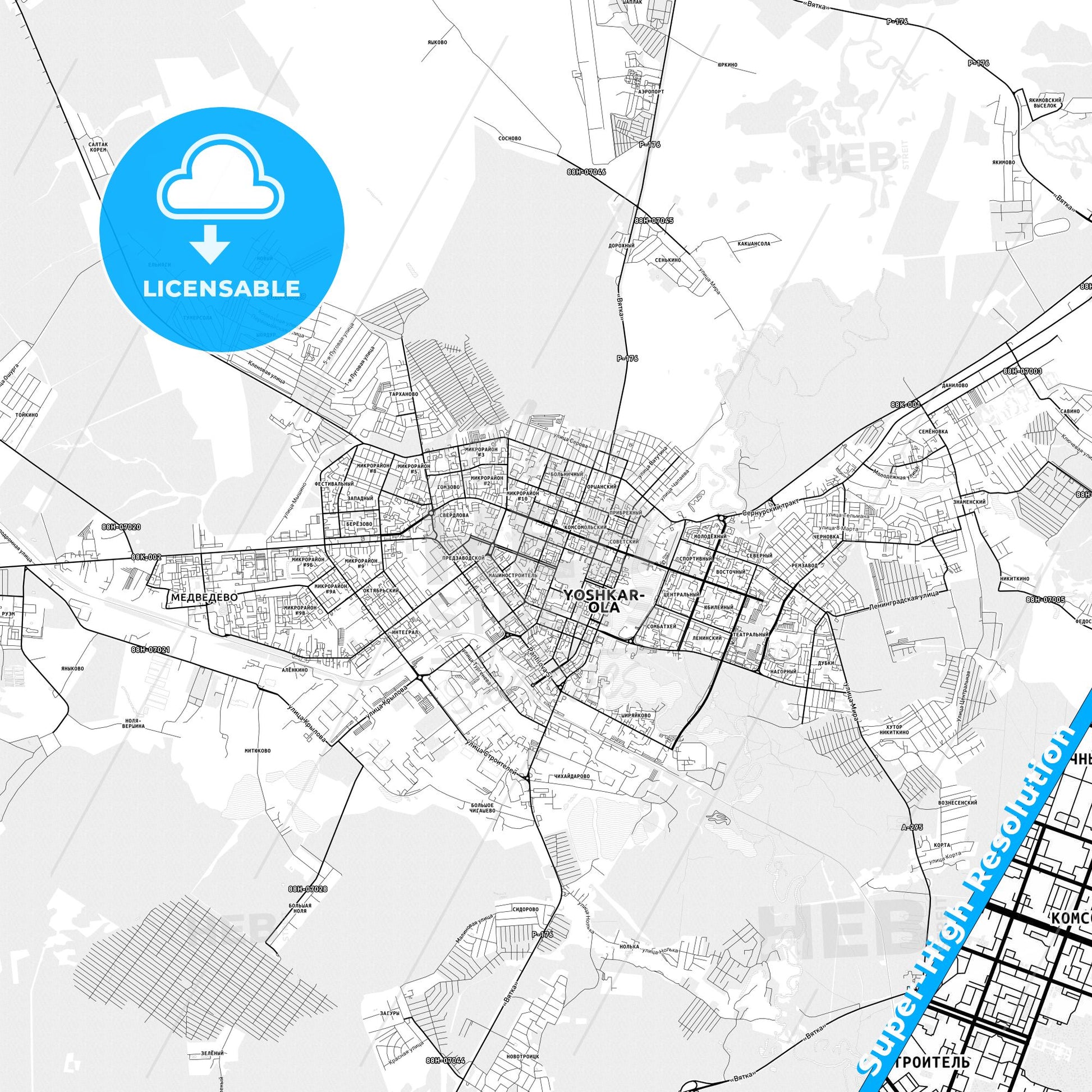 Yoshkar-Ola, Russia light map with streetnames, citynames and districts