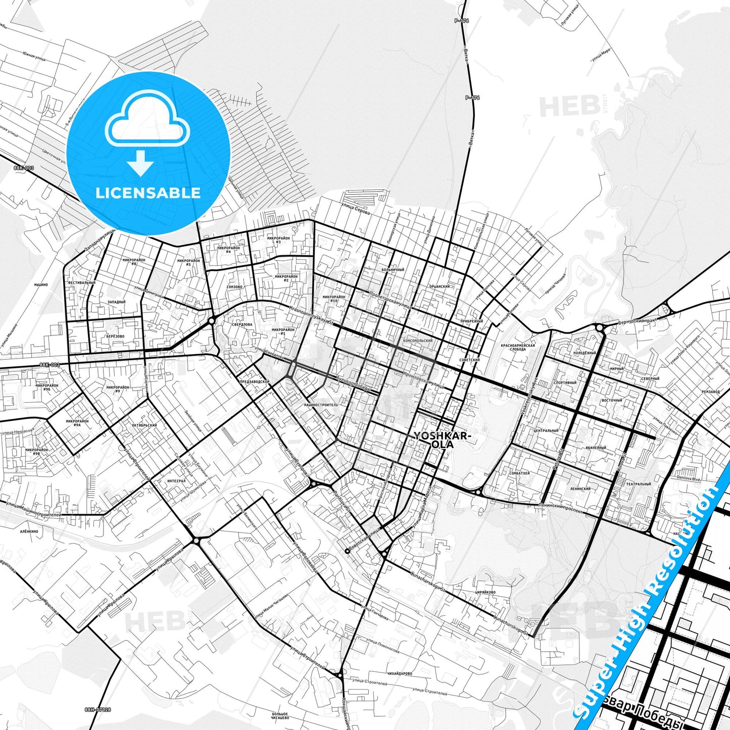 Yoshkar-Ola, Russia Light Map with Street Names, City Names, and Districts