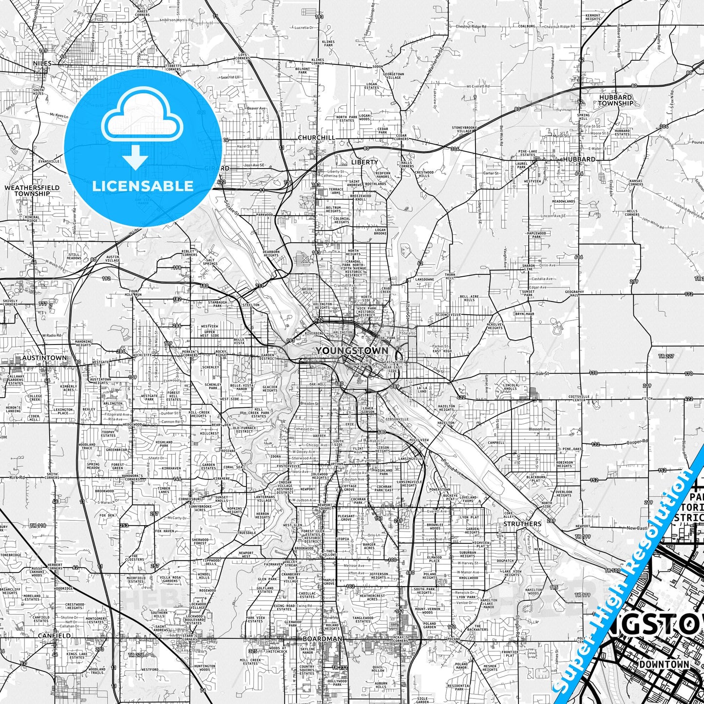 Youngstown, Ohio light map with streetnames, citynames and districts