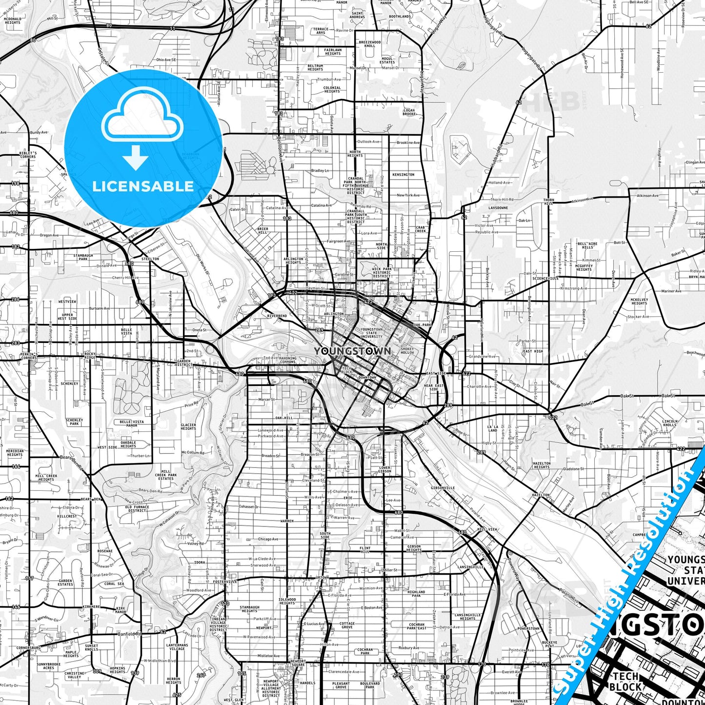 Youngstown, Ohio Light Map with Street Names, City Names, and Districts