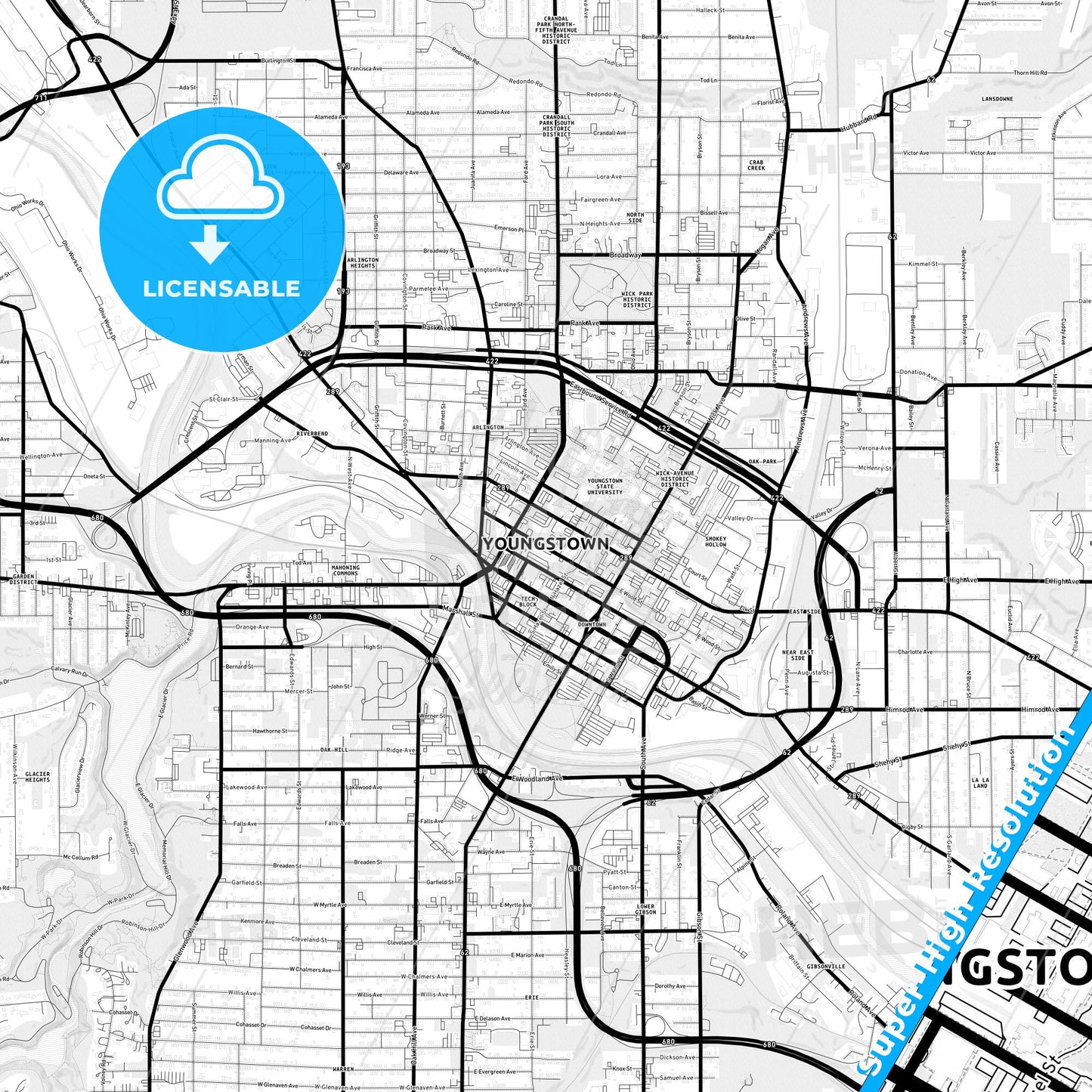 Youngstown, Ohio Light Map with Street Names, City Names, and Districts