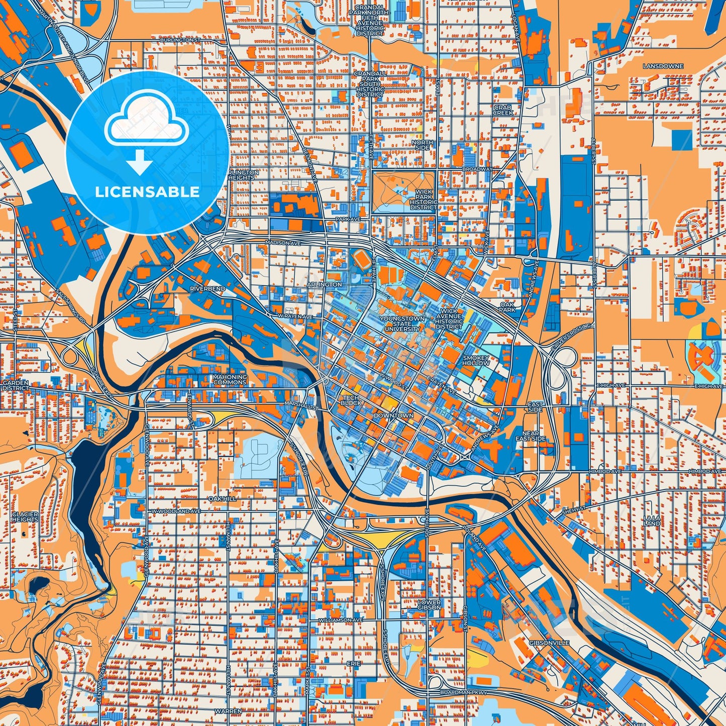 Colorful Youngstown Street Map with Labels and Buildings