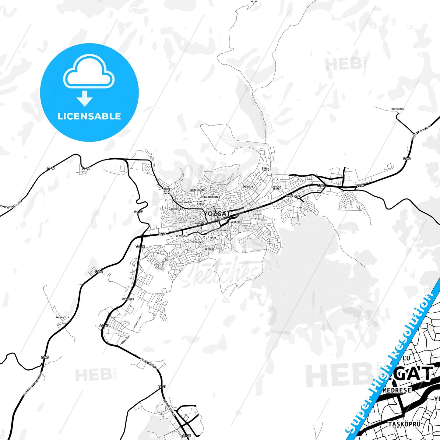 Yozgat, Turkey Light Map with Street Names, City Names, and Districts