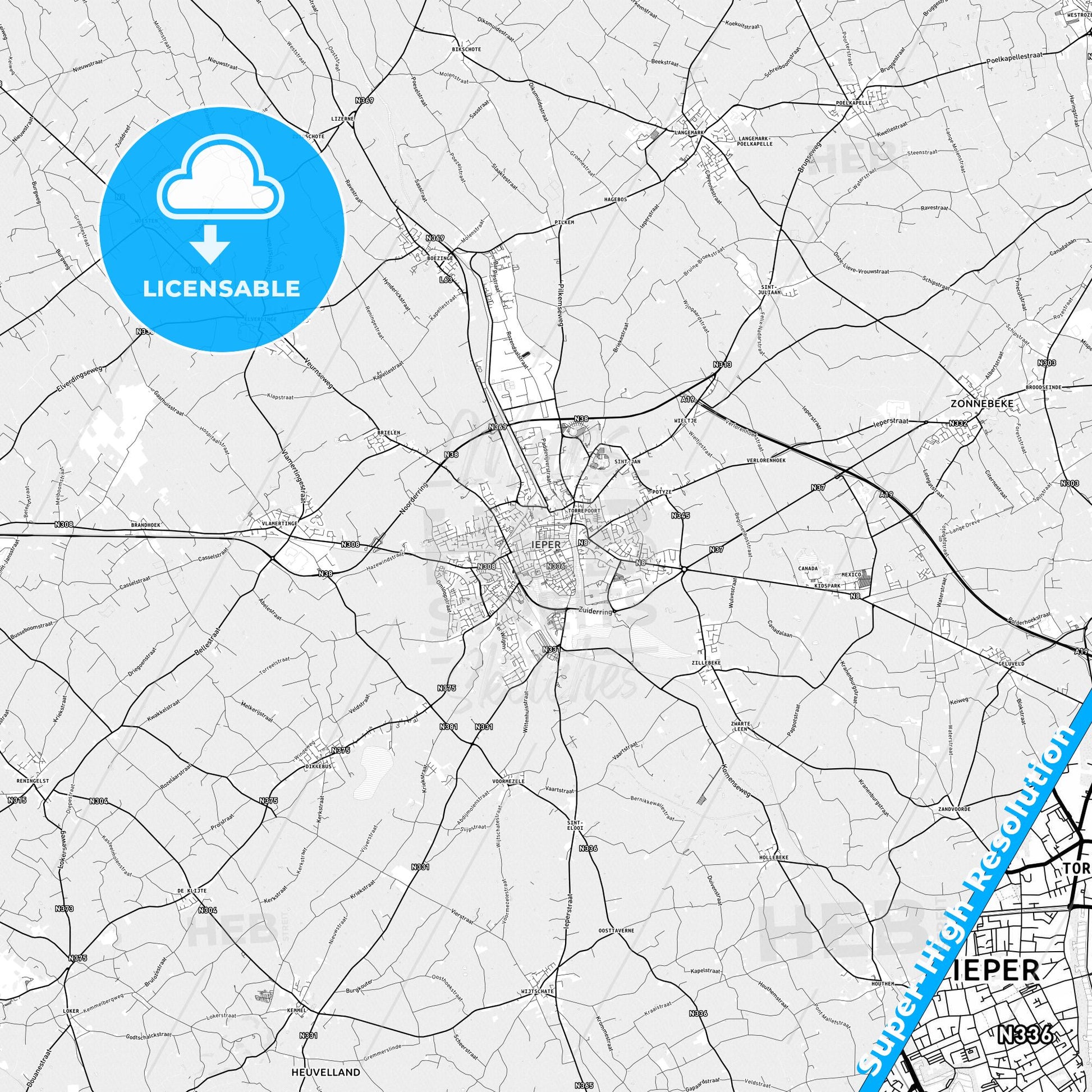 Ypres, Belgium light map with streetnames, citynames and districts