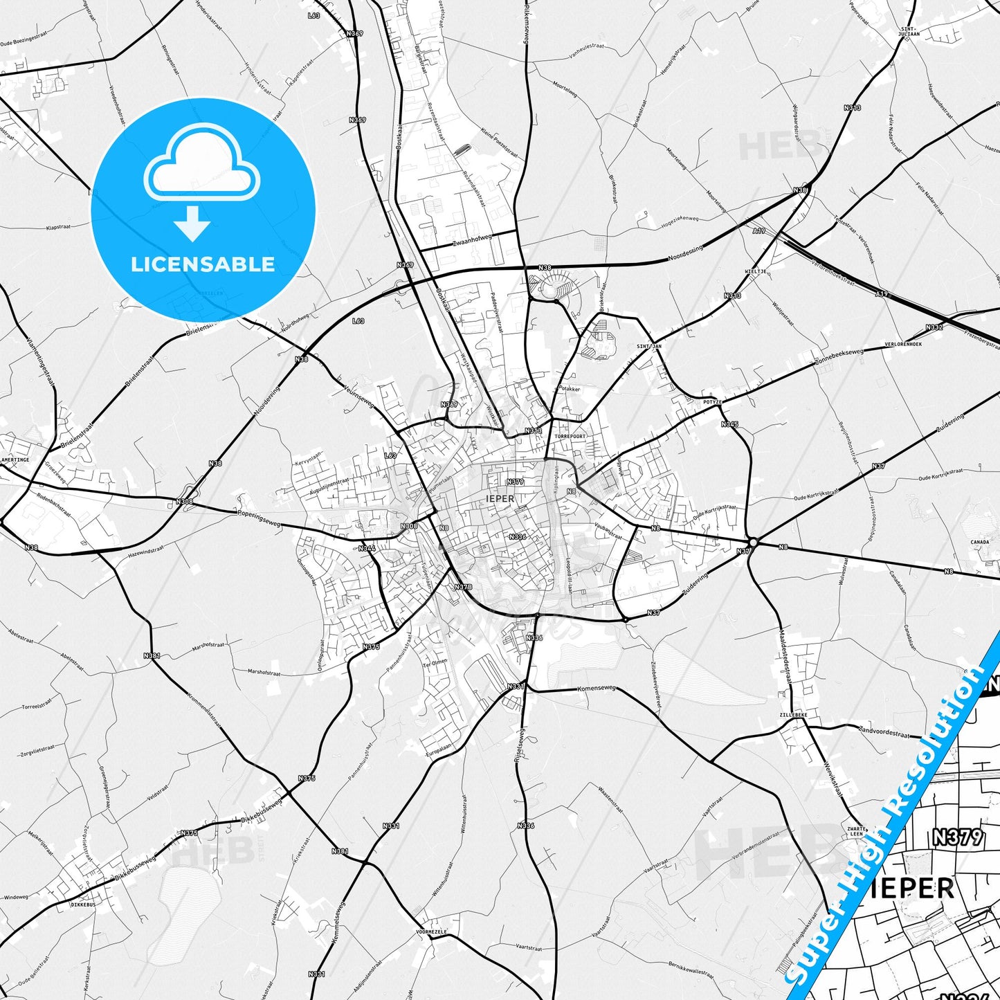 Ypres, Belgium Light Map with Street Names, City Names, and Districts