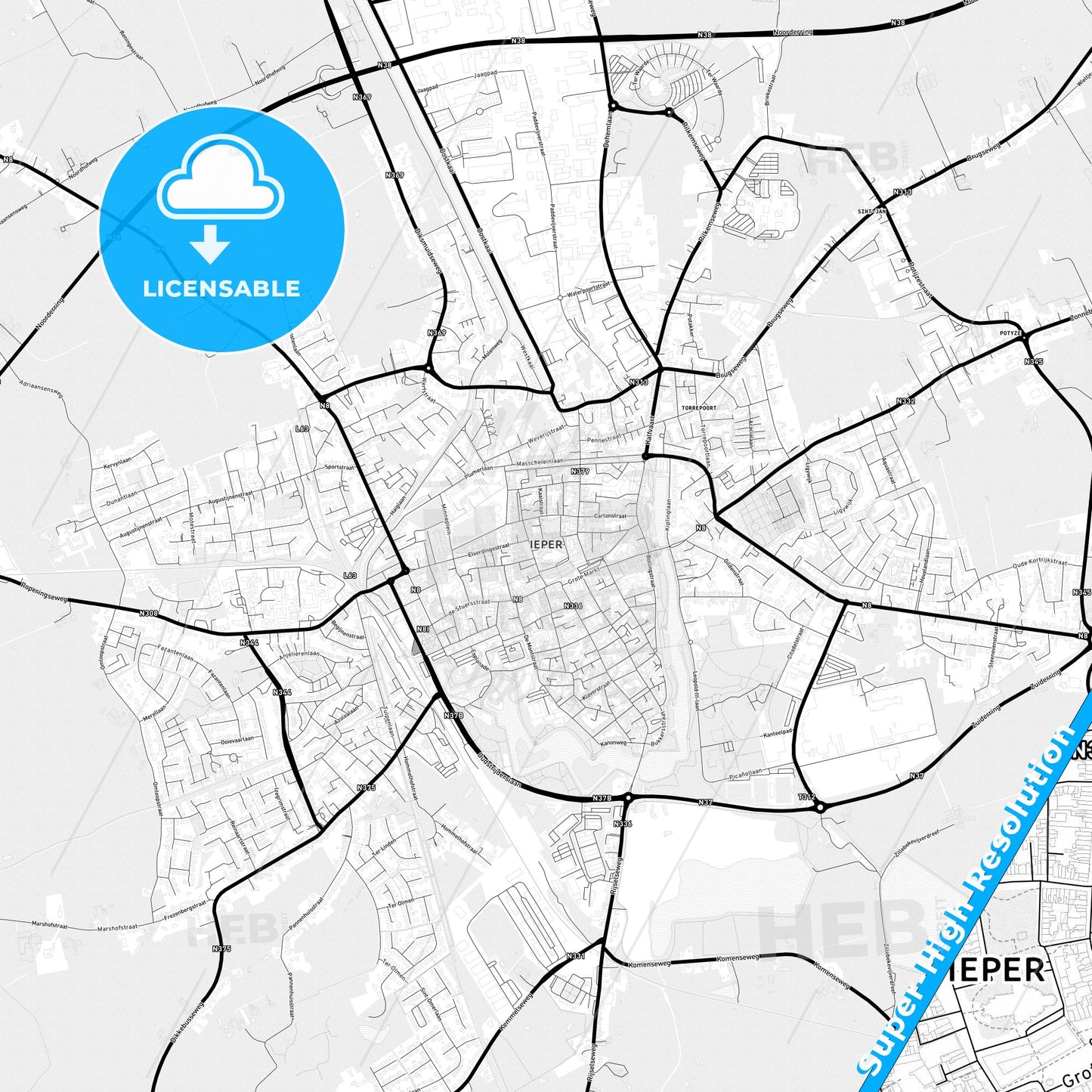 Ypres, Belgium Light Map with Street Names, City Names, and Districts