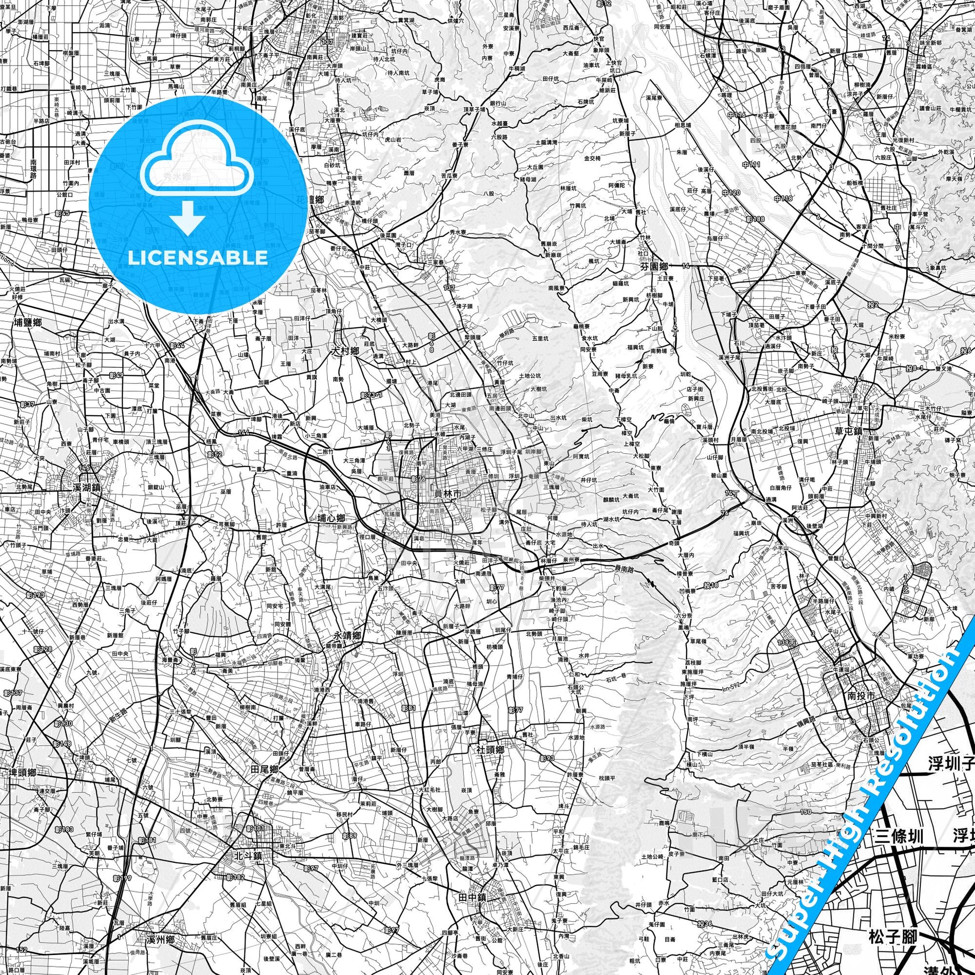 Yuanlin, Taiwan light map with streetnames, citynames and districts