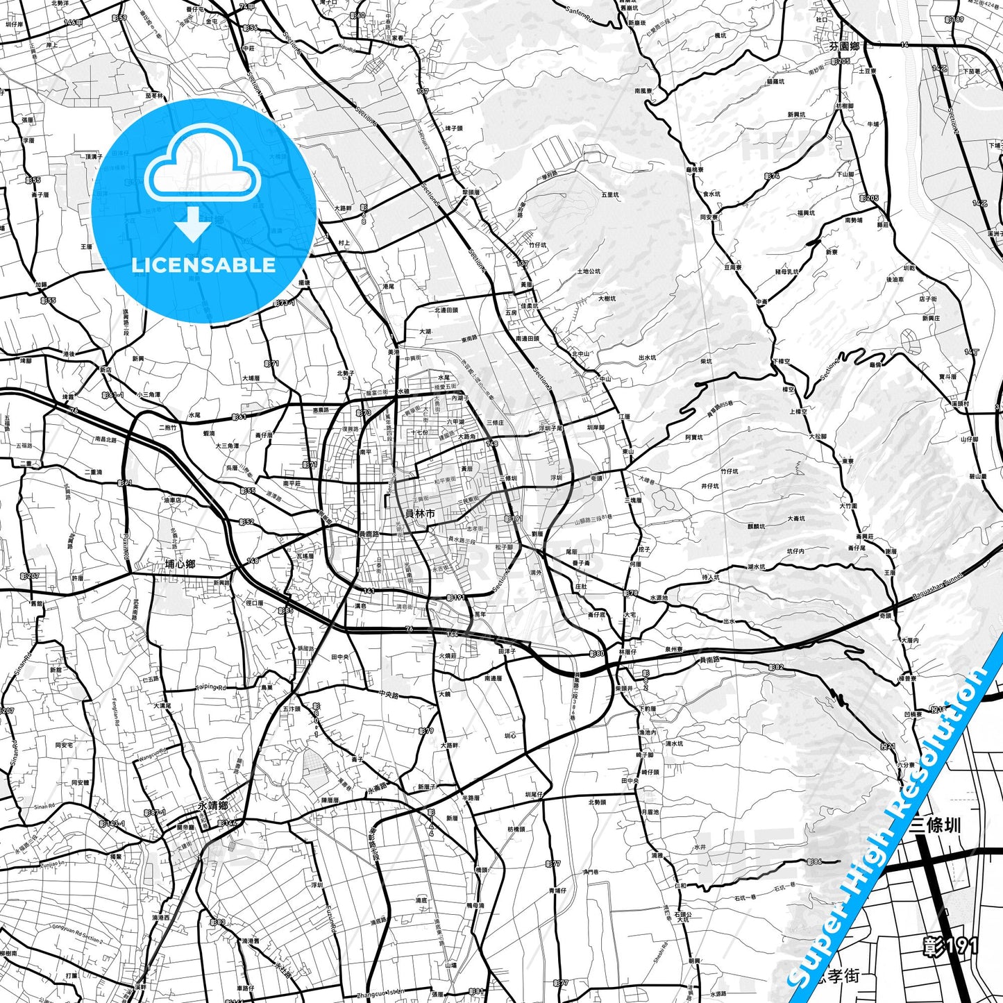 Yuanlin, Taiwan Light Map with Street Names, City Names, and Districts