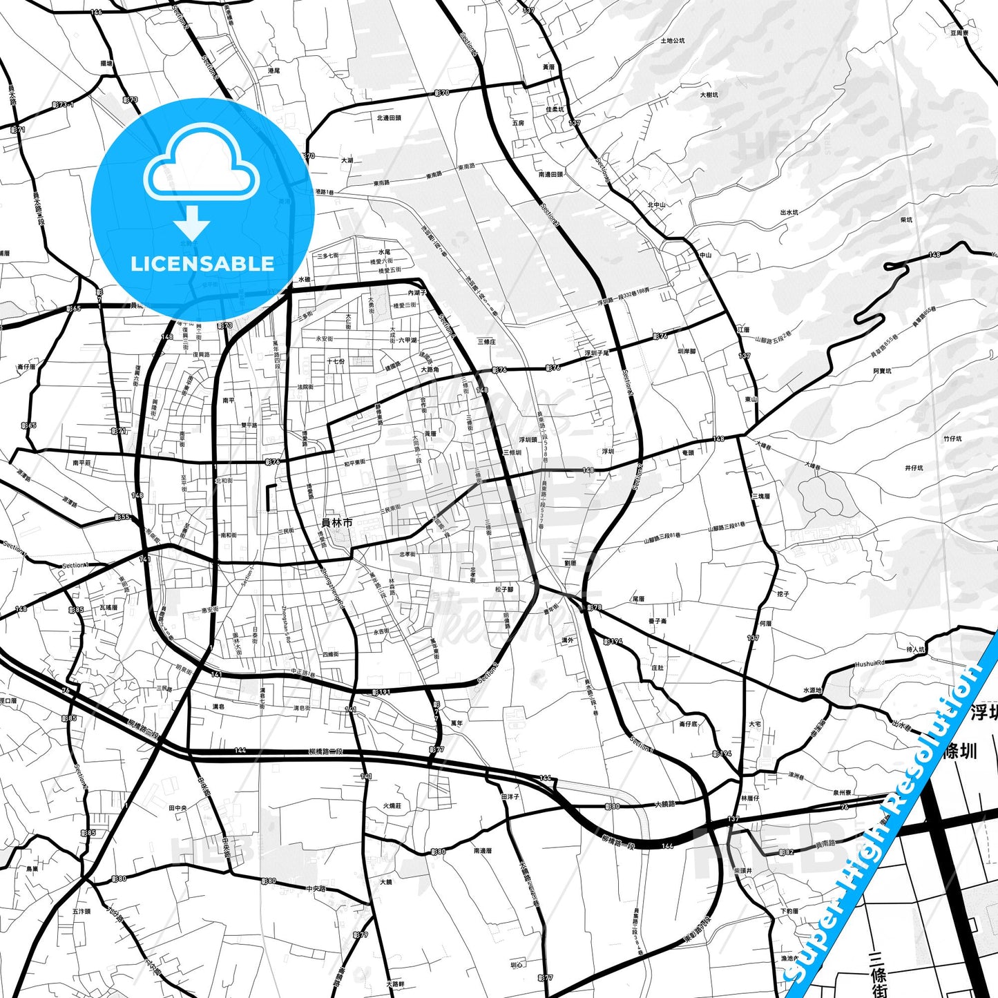 Yuanlin, Taiwan Light Map with Street Names, City Names, and Districts