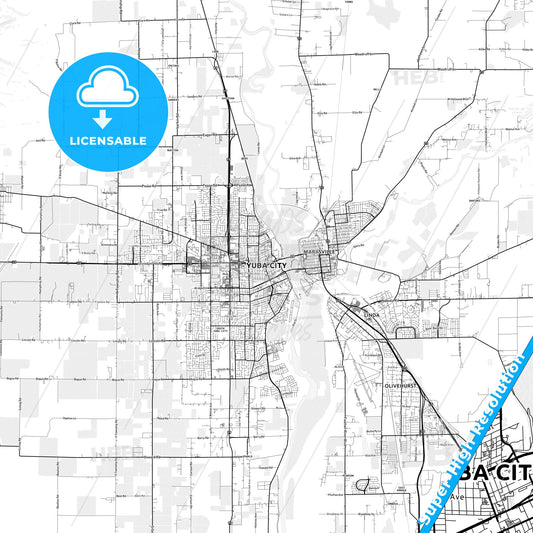 Yuba City, California light map with streetnames, citynames and districts