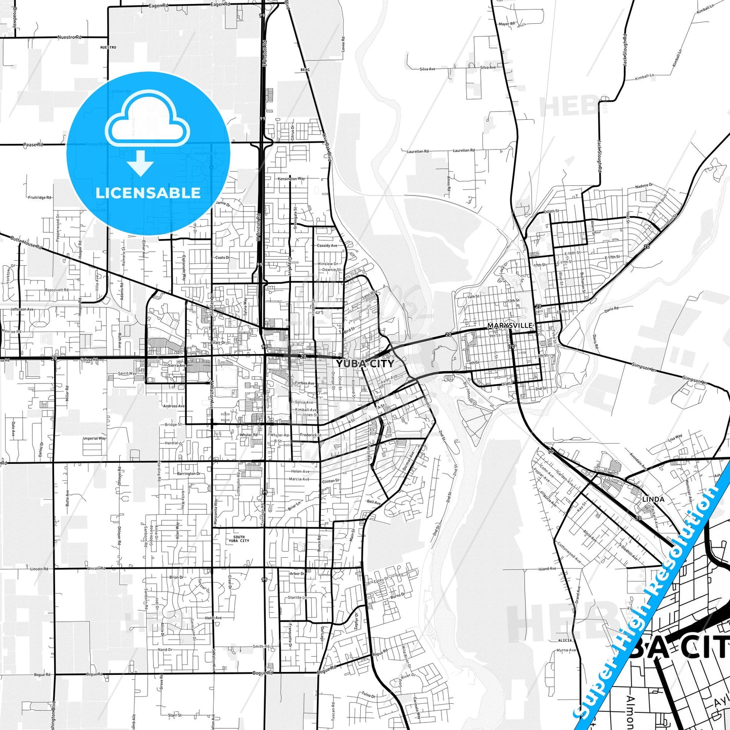 Yuba City, California Light Map with Street Names, City Names, and Districts