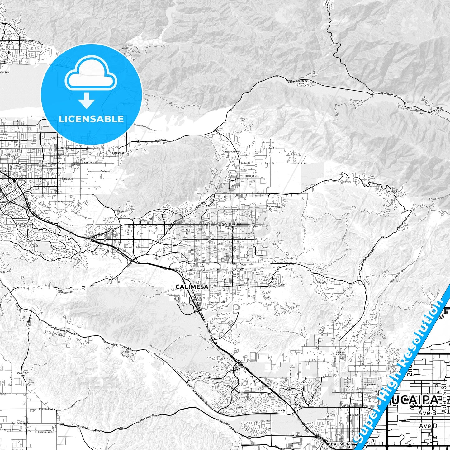 Yucaipa, California light map with streetnames, citynames and districts