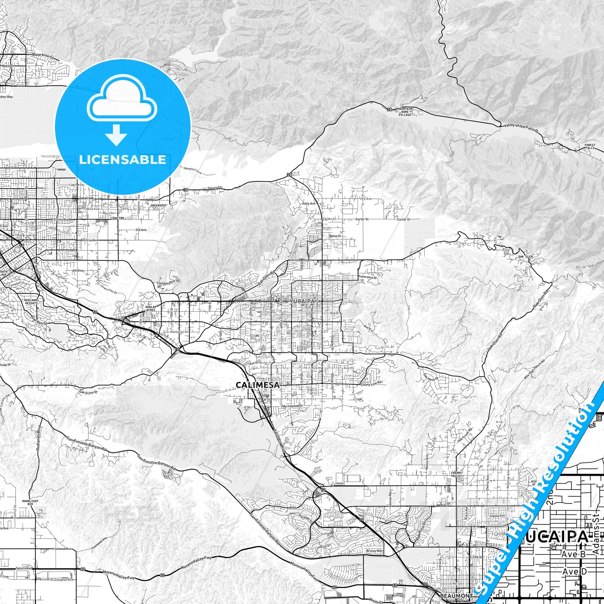 Yucaipa, California light map with streetnames, citynames and districts