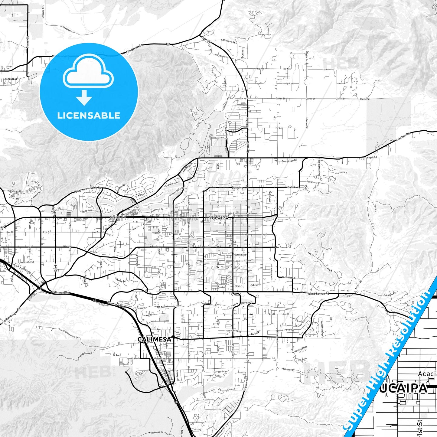 Yucaipa, California Light Map with Street Names, City Names, and Districts