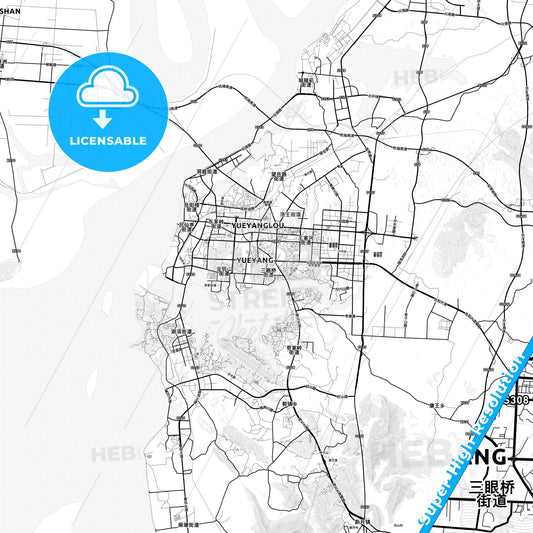 Yueyang, China light map with streetnames, citynames and districts
