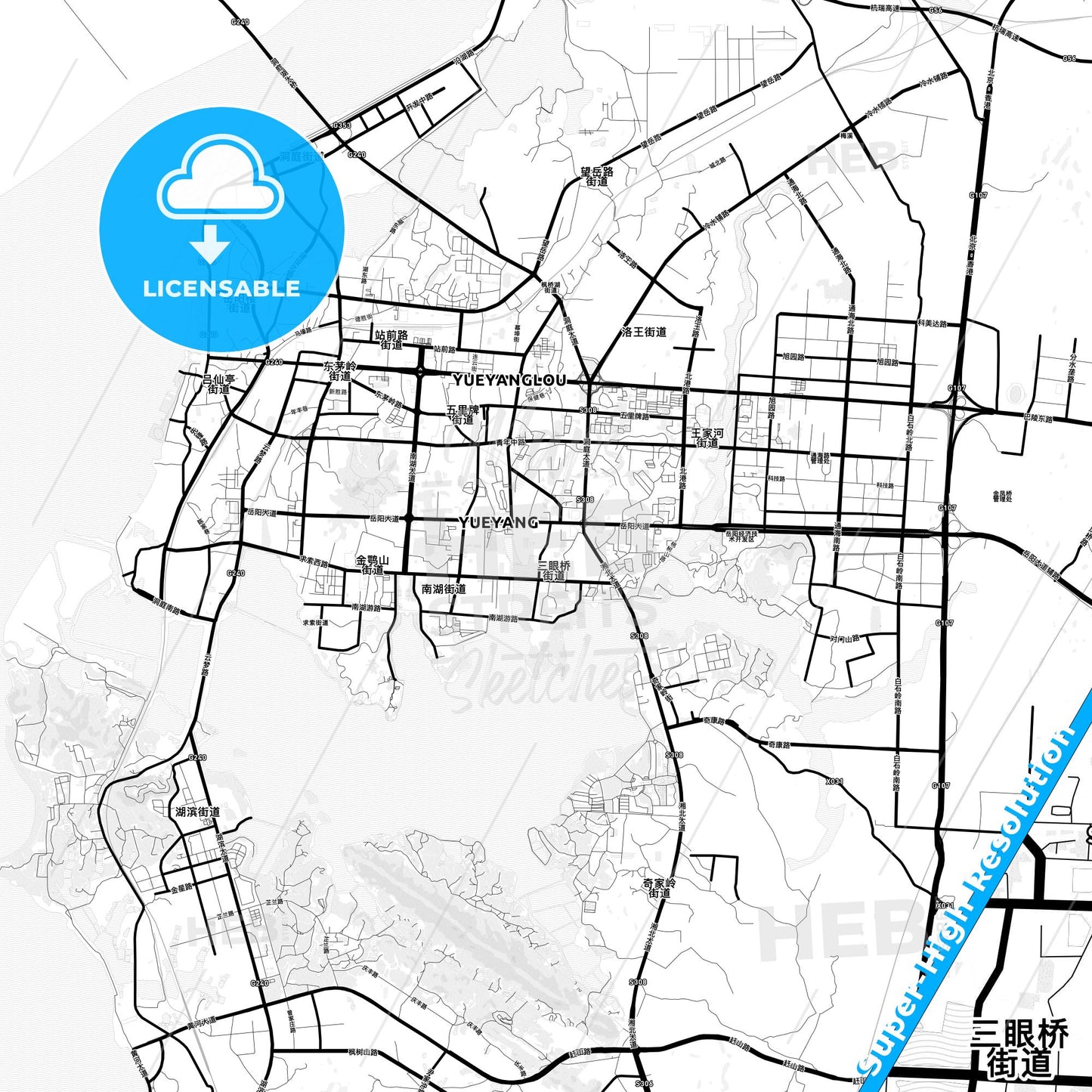 Yueyang, China Light Map with Street Names, City Names, and Districts