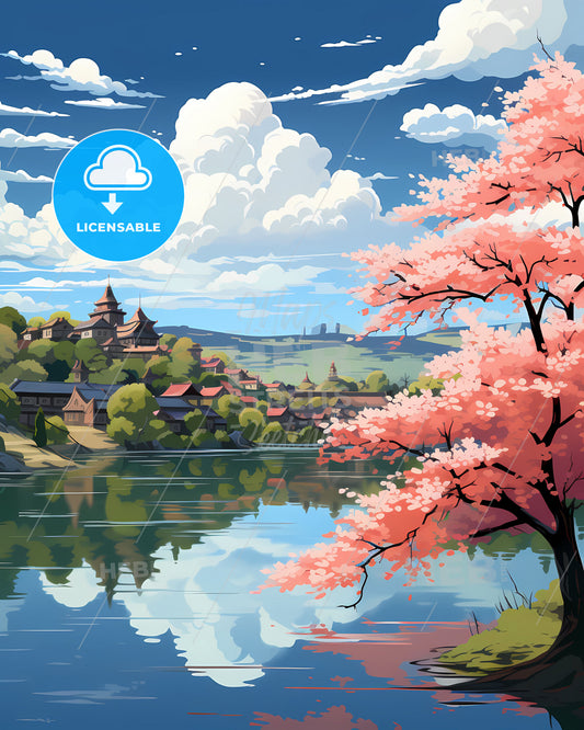Expressive Art Depicting Yueyang Skyline with Pink Blossom by the Lake