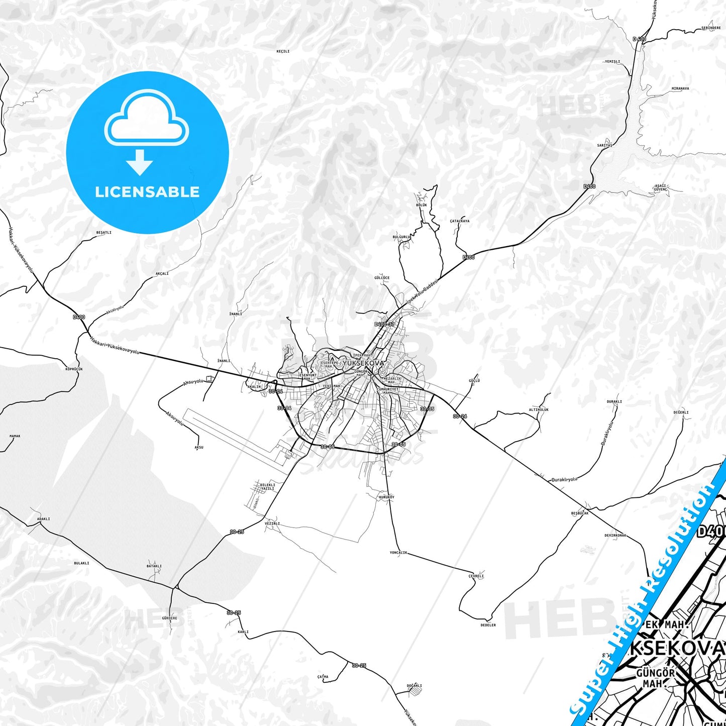 Yüksekova, Turkey light map with streetnames, citynames and districts