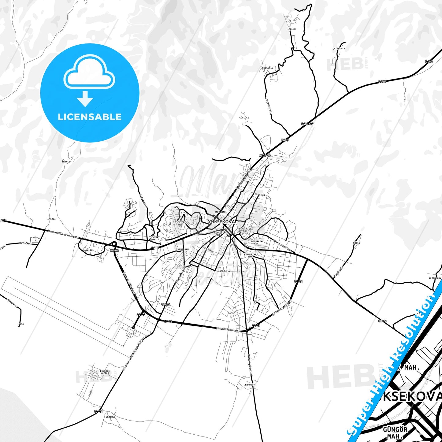 Yüksekova, Turkey Light Map with Street Names, City Names, and Districts