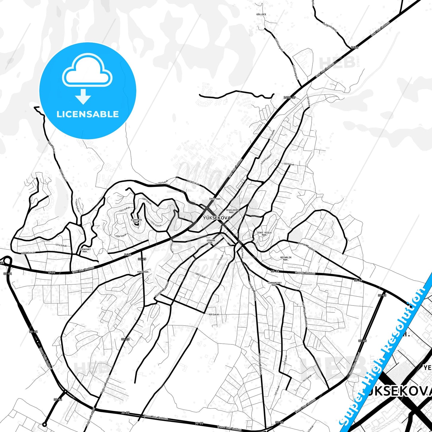 Yüksekova, Turkey Light Map with Street Names, City Names, and Districts