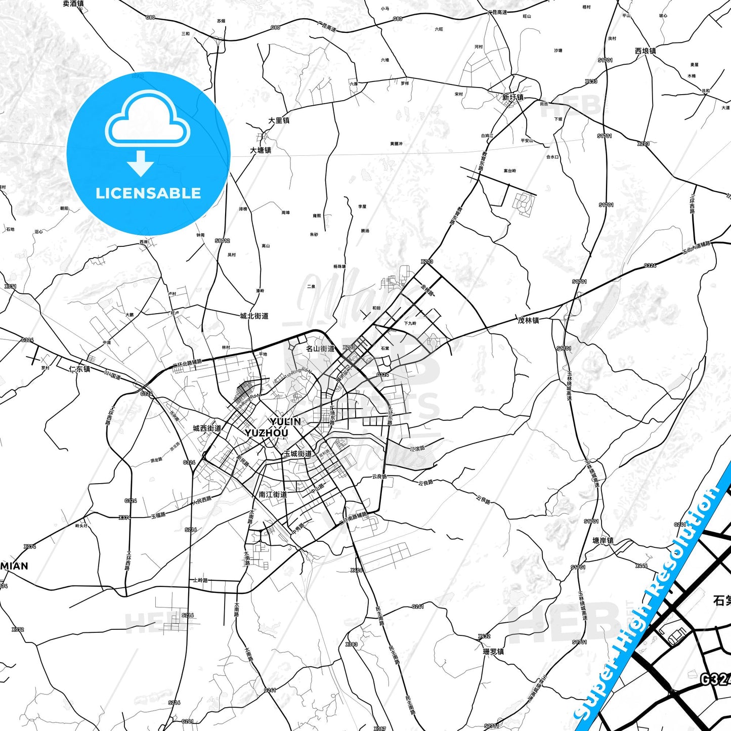Yulin, China light map with streetnames, citynames and districts