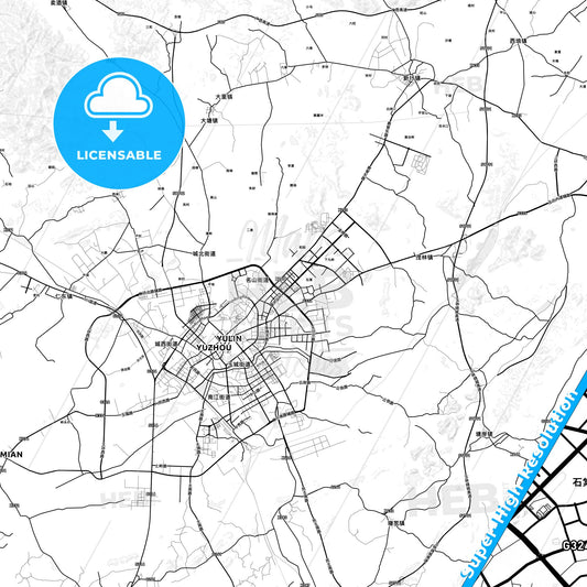 Yulin, China light map with streetnames, citynames and districts