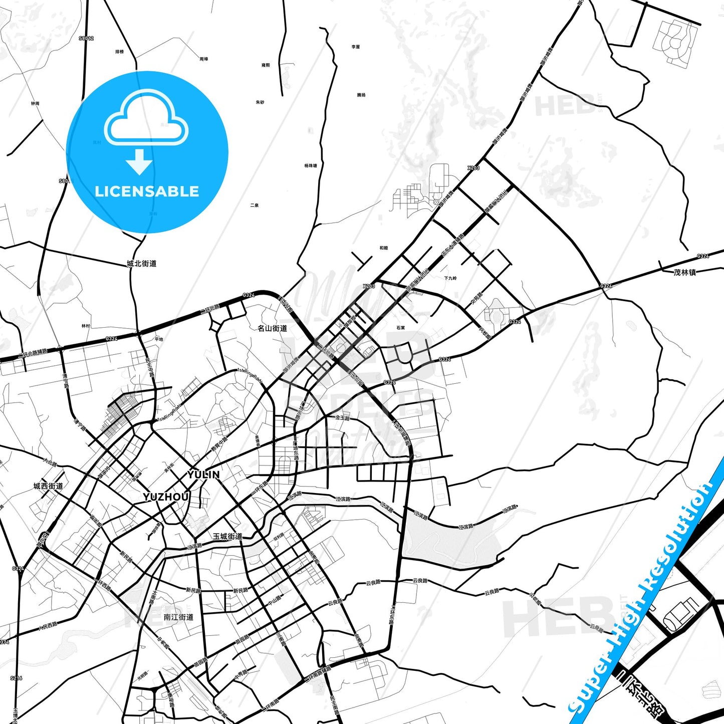 Yulin, China Light Map with Street Names, City Names, and Districts