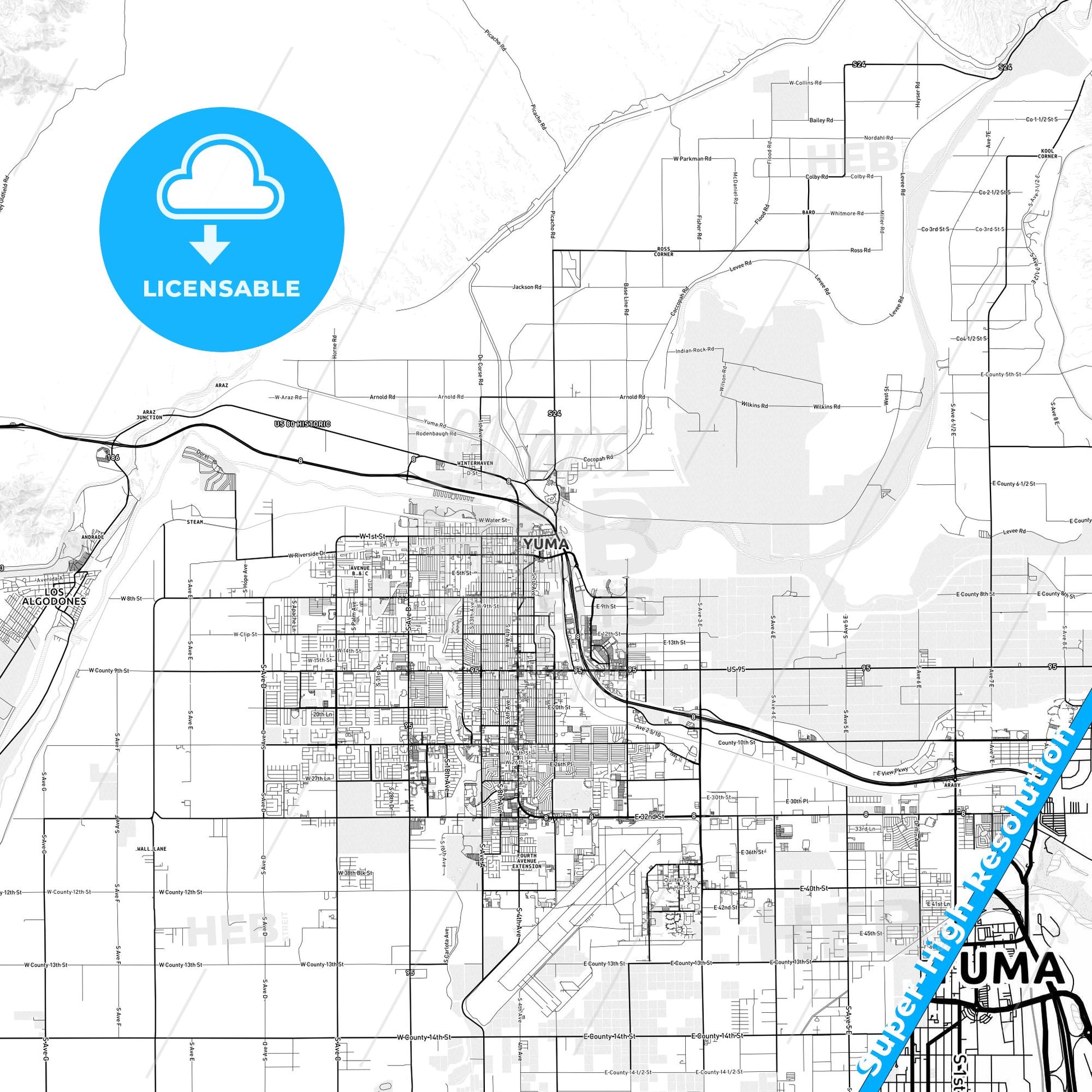 Yuma, Arizona light map with streetnames, citynames and districts