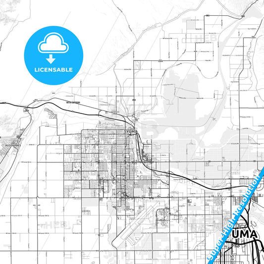 Yuma, Arizona light map with streetnames, citynames and districts