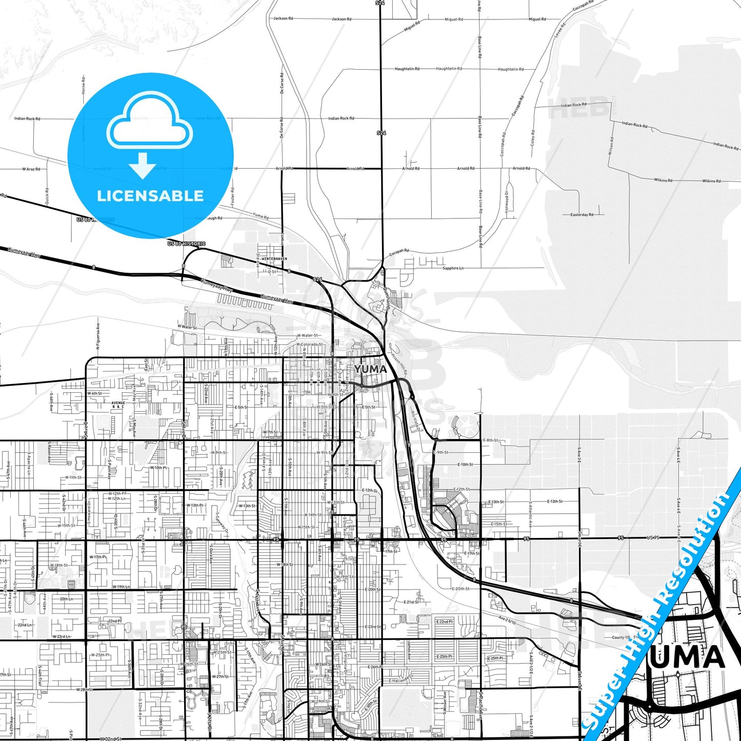 Yuma, Arizona Light Map with Street Names, City Names, and Districts