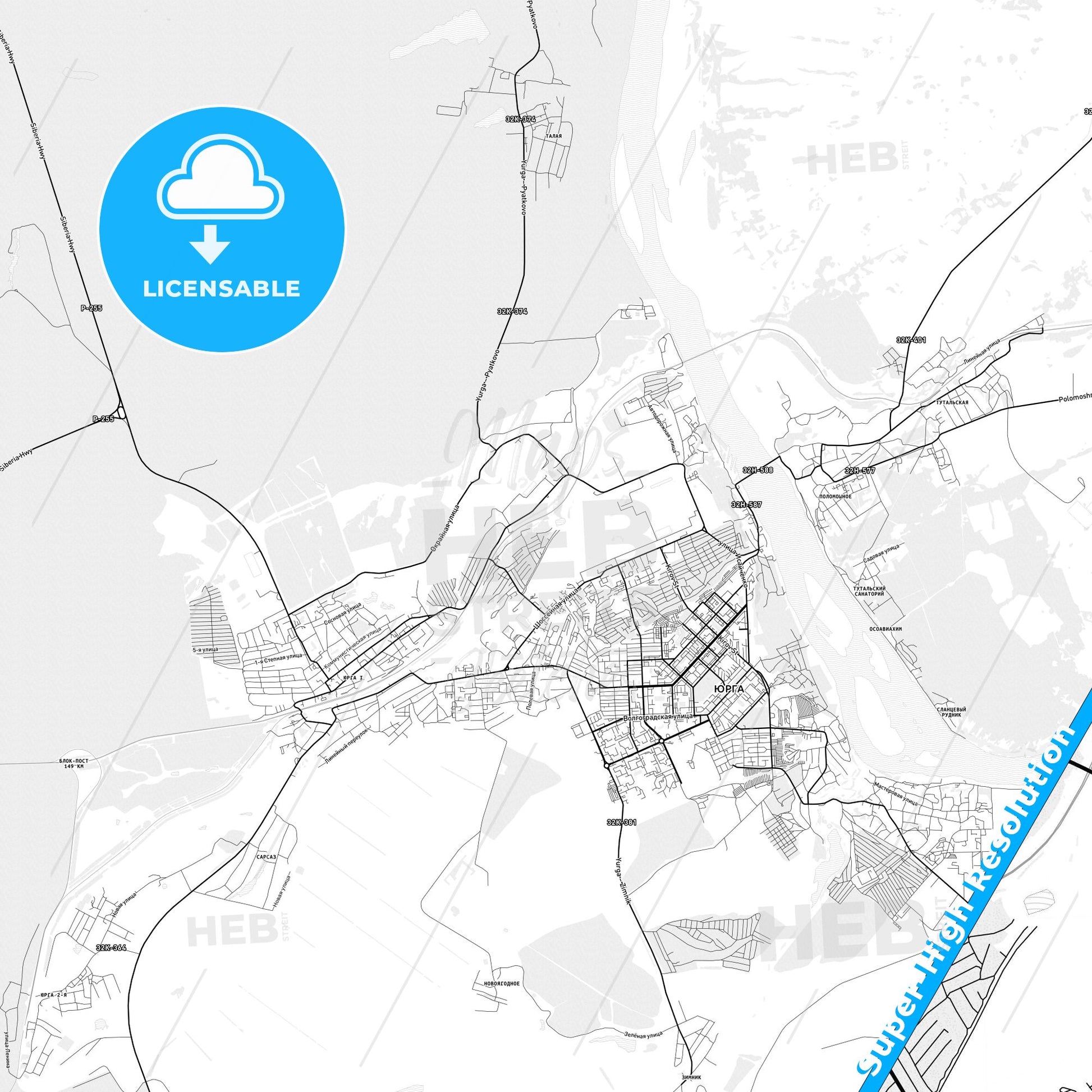 Yurga, Russia light map with streetnames, citynames and districts