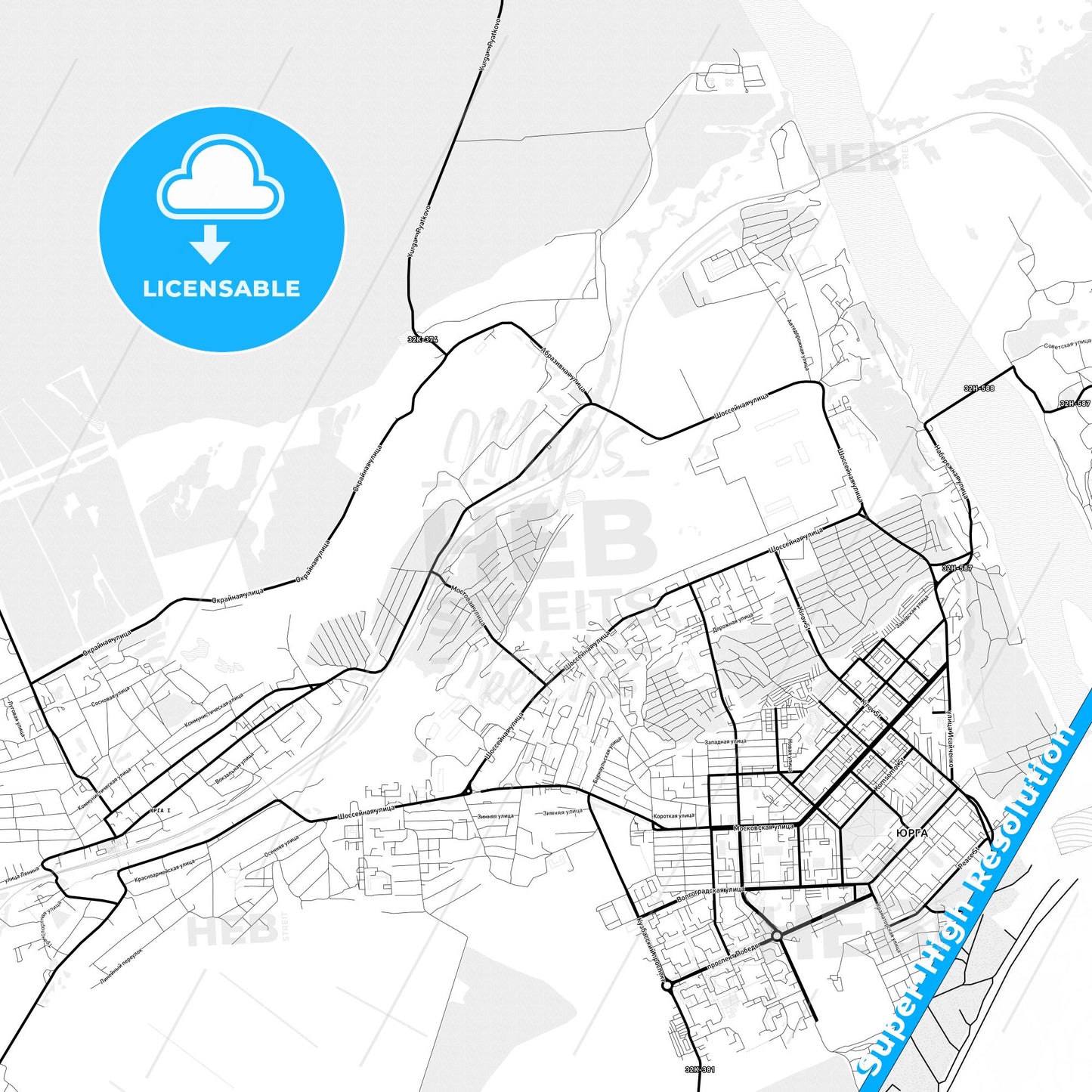 Yurga, Russia Light Map with Street Names, City Names, and Districts