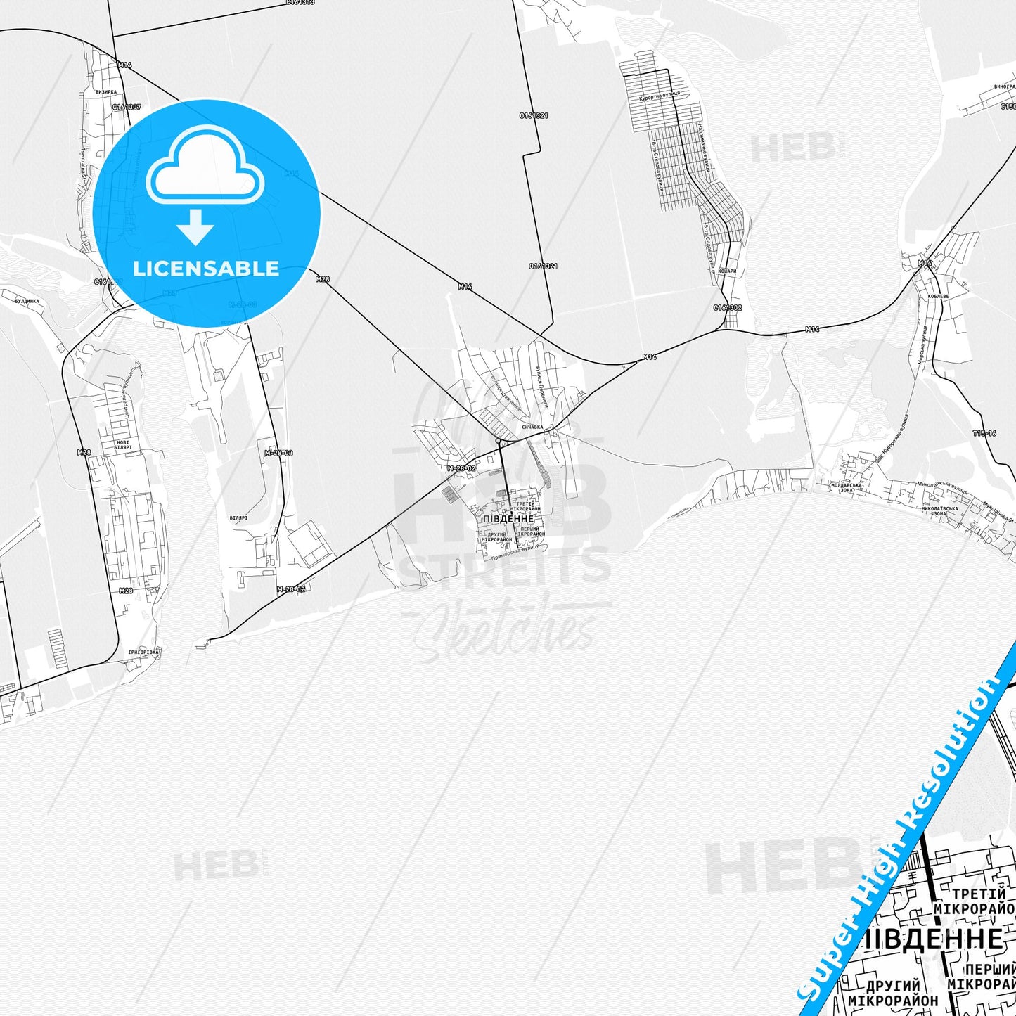 Yuzhne, Ukraine light map with streetnames, citynames and districts