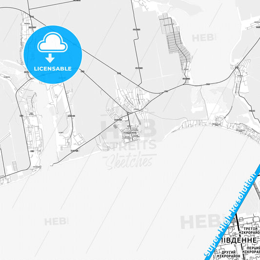 Yuzhne, Ukraine light map with streetnames, citynames and districts