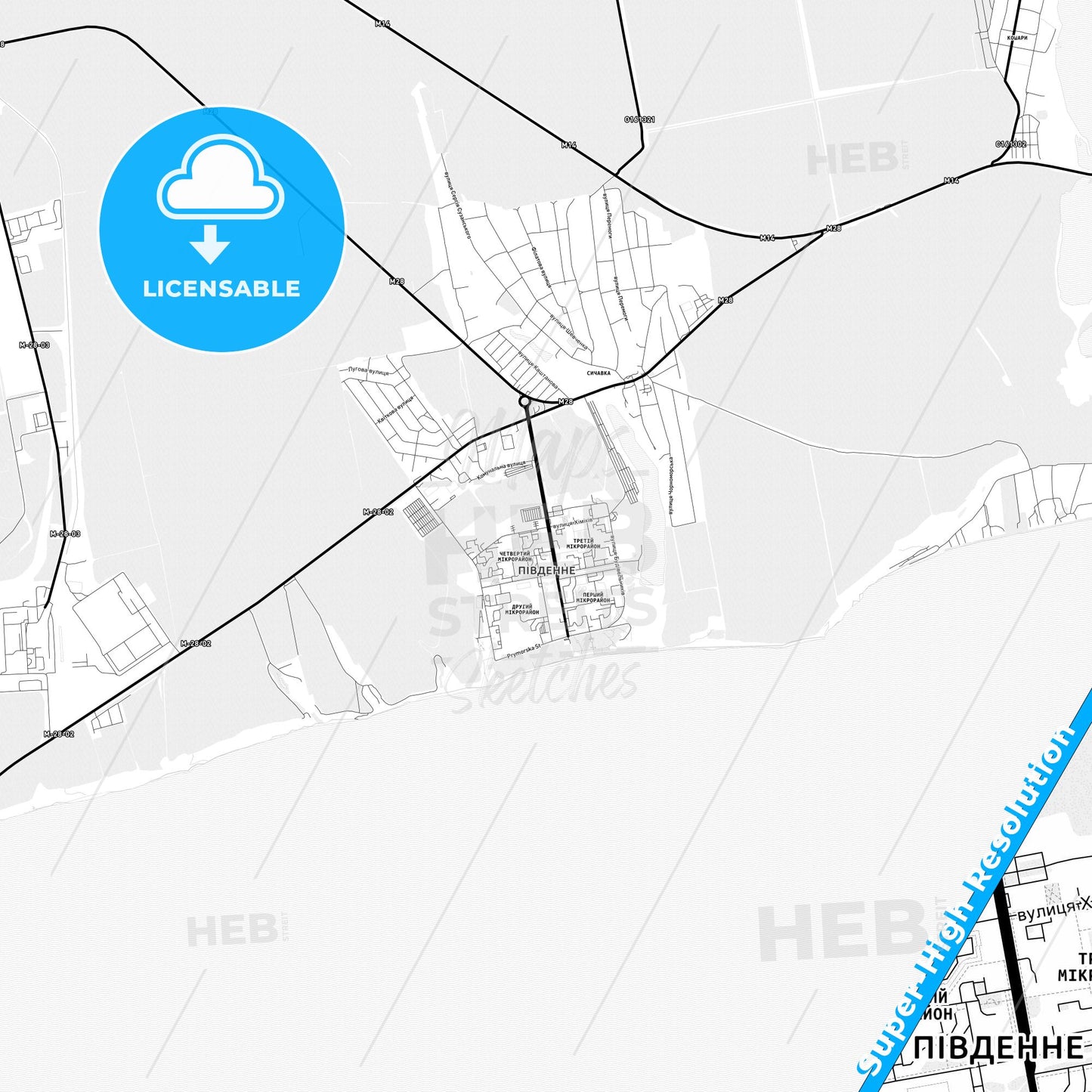 Yuzhne, Ukraine Light Map with Street Names, City Names, and Districts