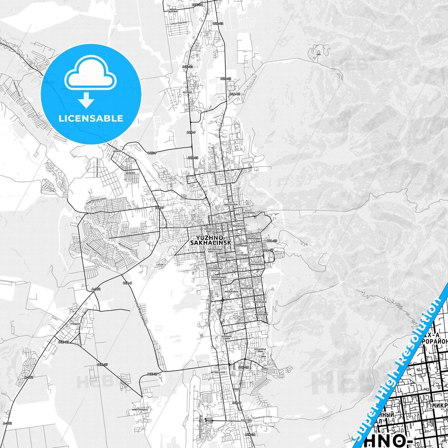 Yuzhno-Sakhalinsk, Russia light map with streetnames, citynames and districts