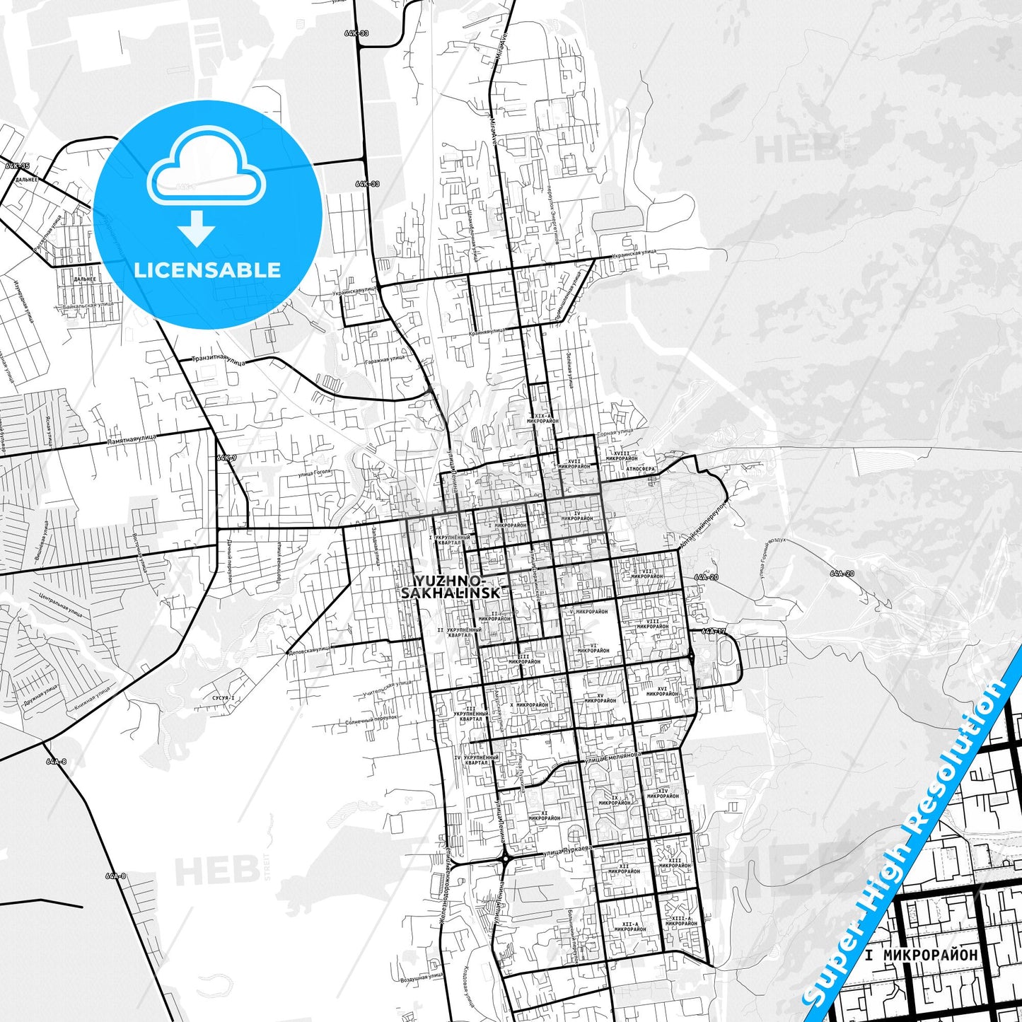 Yuzhno-Sakhalinsk, Russia Light Map with Street Names, City Names, and Districts