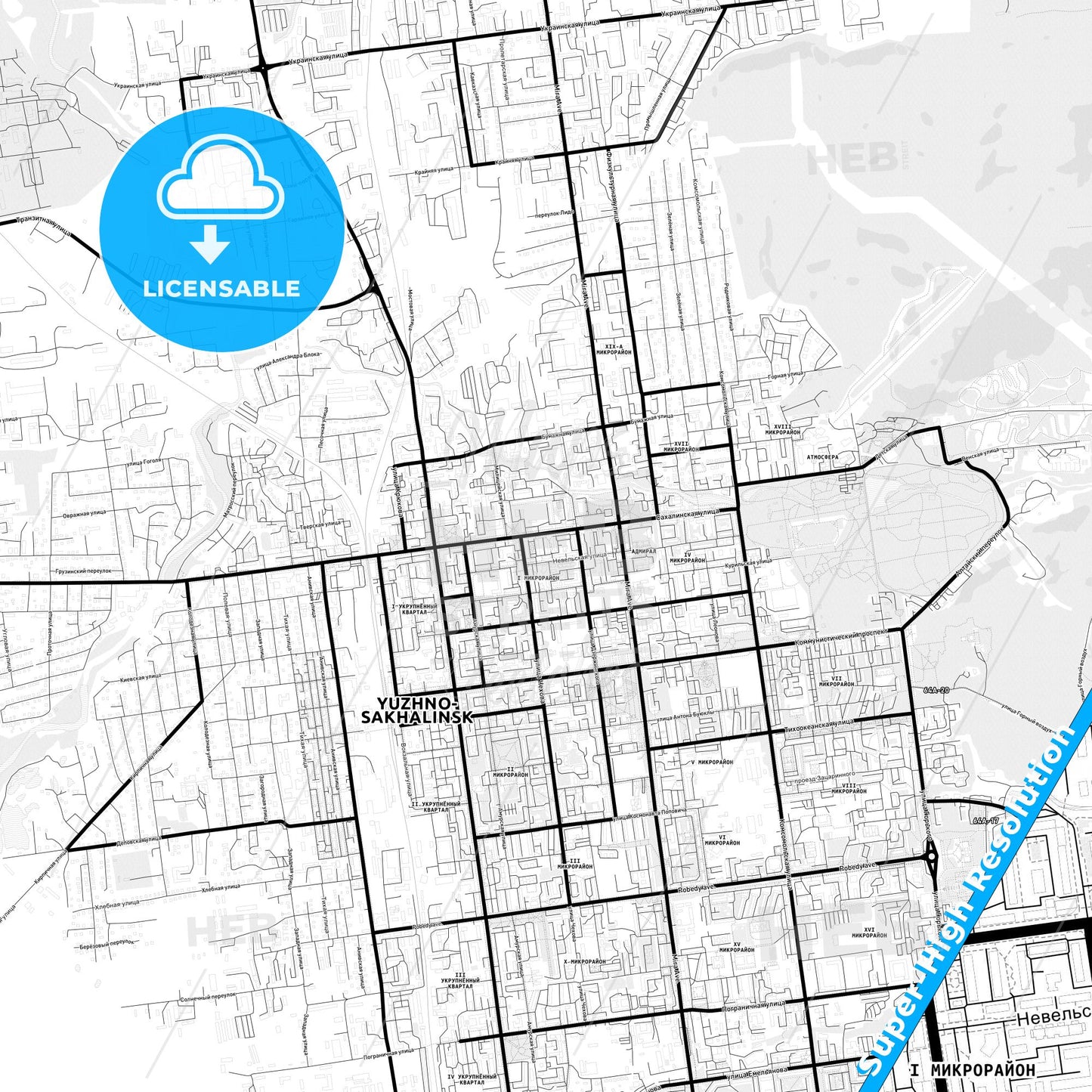 Yuzhno-Sakhalinsk, Russia Light Map with Street Names, City Names, and Districts