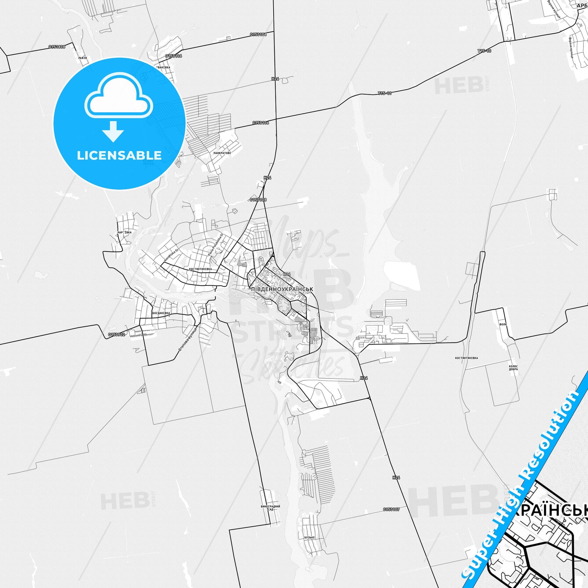 Yuzhnoukrainsk, Ukraine light map with streetnames, citynames and districts
