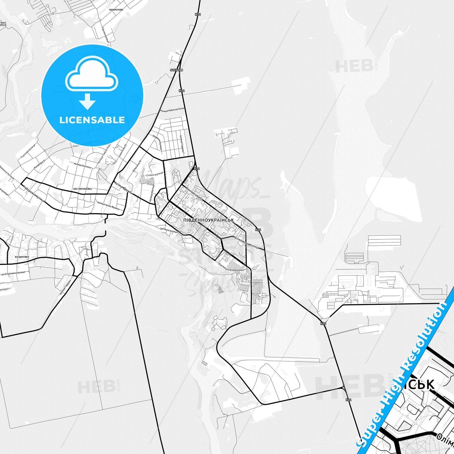 Yuzhnoukrainsk, Ukraine Light Map with Street Names, City Names, and Districts