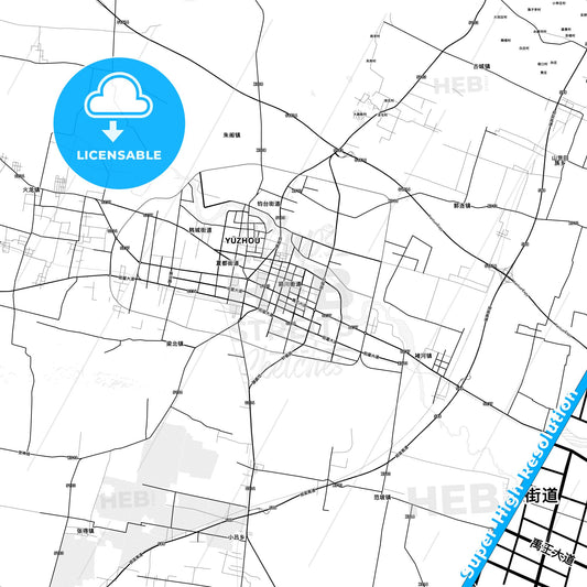 Yuzhou, China light map with streetnames, citynames and districts