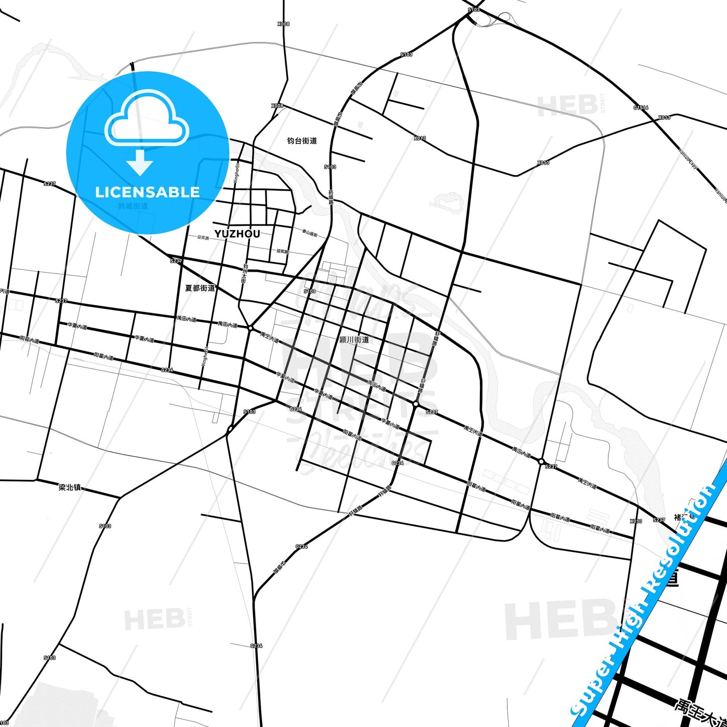 Yuzhou, China Light Map with Street Names, City Names, and Districts