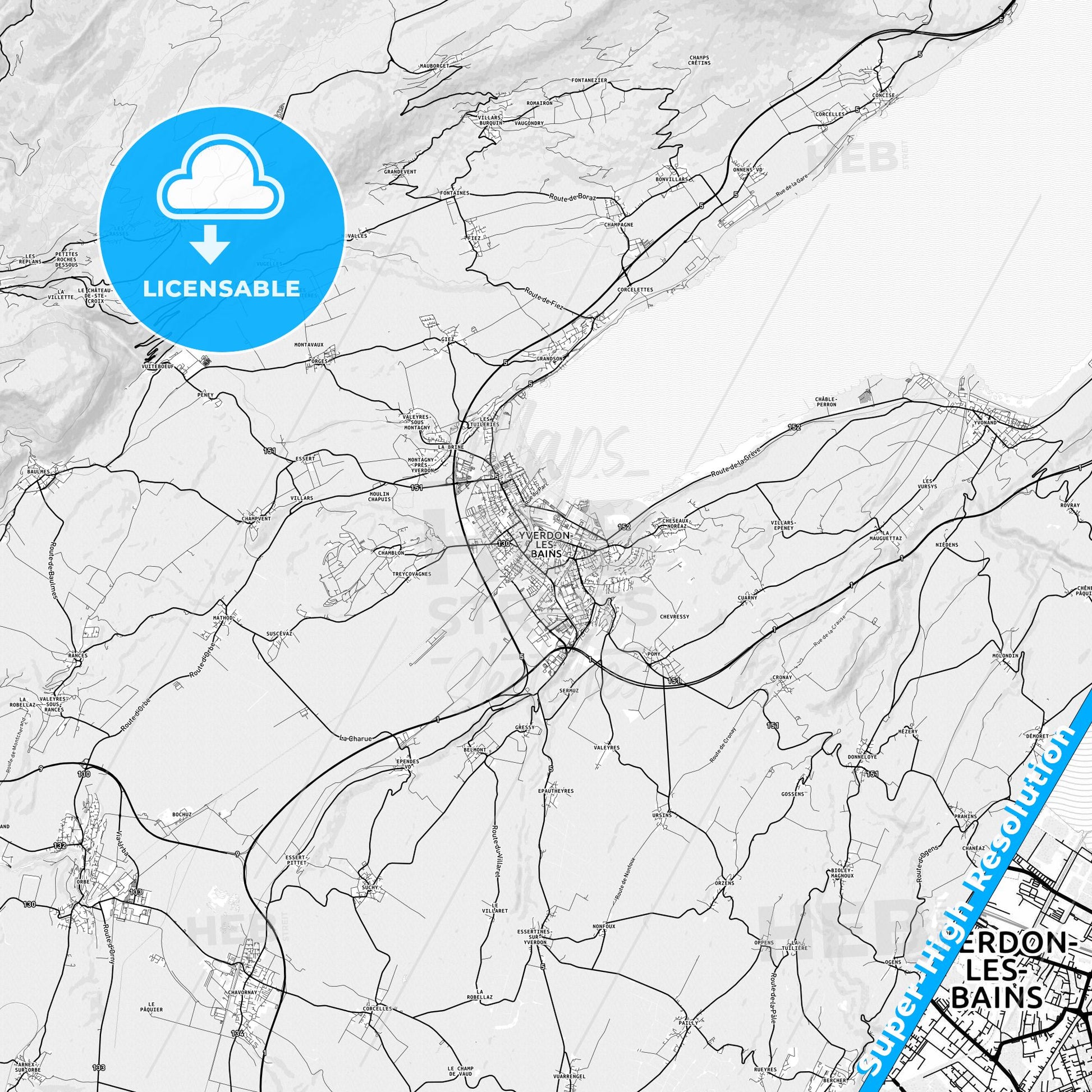 Yverdon-les-Bains, Switzerland light map with streetnames, citynames and districts