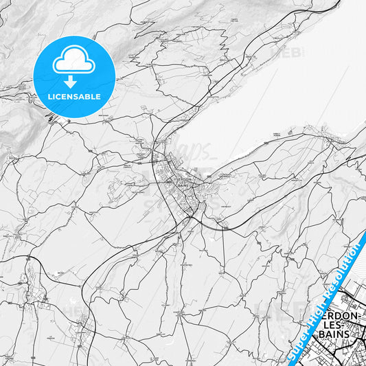 Yverdon-les-Bains, Switzerland light map with streetnames, citynames and districts