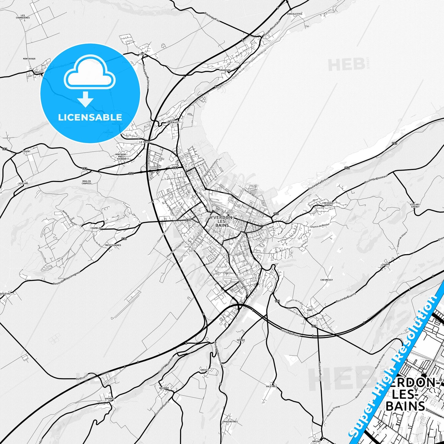 Yverdon-les-Bains, Switzerland Light Map with Street Names, City Names, and Districts