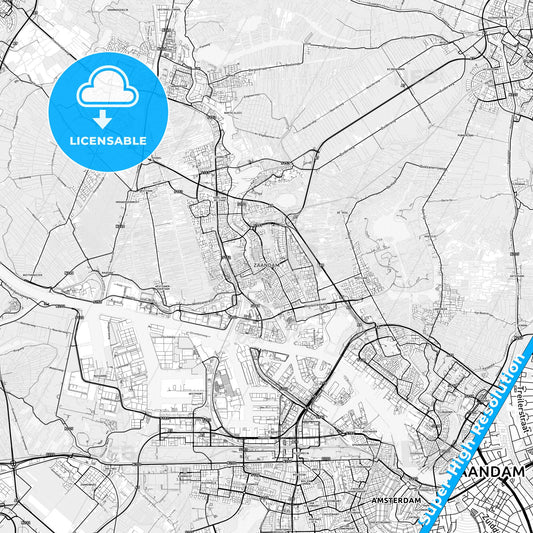 Zaanstad, Netherlands light map with streetnames, citynames and districts