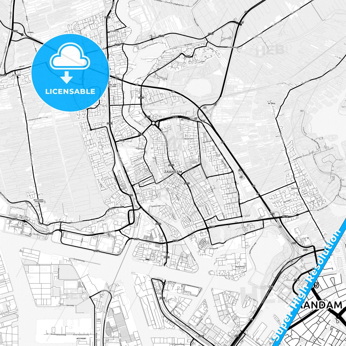 Zaanstad, Netherlands Light Map with Street Names, City Names, and Districts